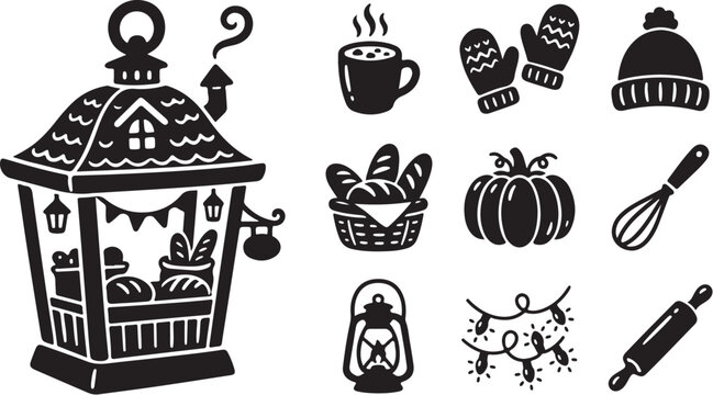 Black and white autumn icons and lantern set