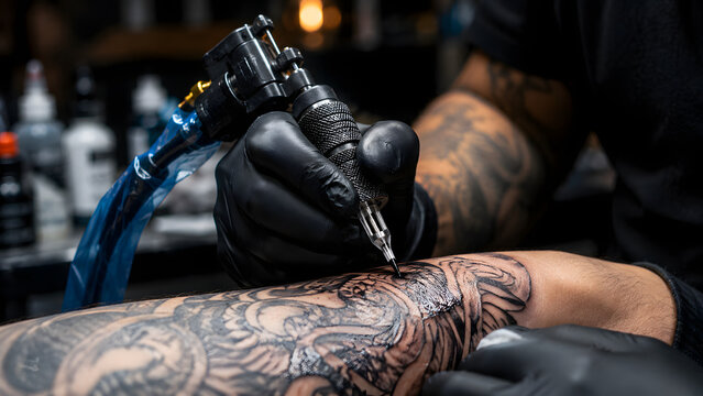 Tattoo artist applying ink to skin with machine