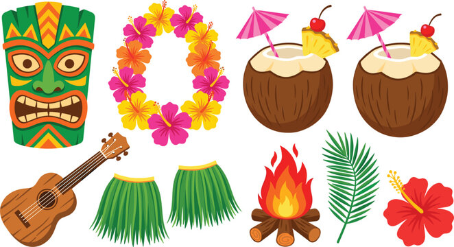Tropical Hawaiian Luau Party Vector Clipart Set Featuring Tiki Mask, Coconut Cocktails, Flower Lei, Ukulele, Hula Grass Skirts, and Beach Bonfire Elements