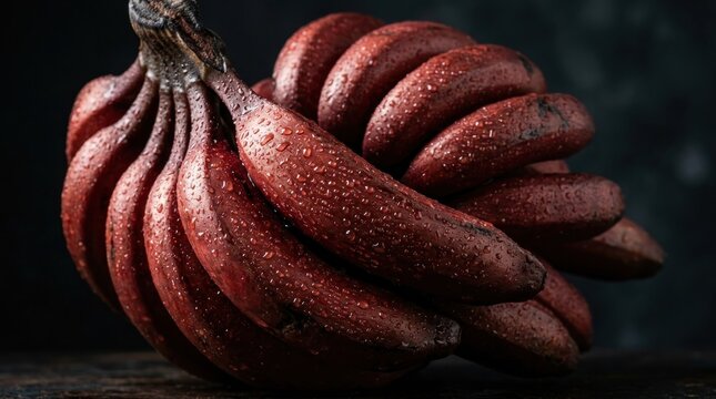 Fresh red dacca bananas with water droplets on dark wooden surface tropical fruit