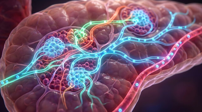 Pancreatic islet cellular microstructure. Insulin and glucagon microvascular network. Endocrinology diabetes research concept