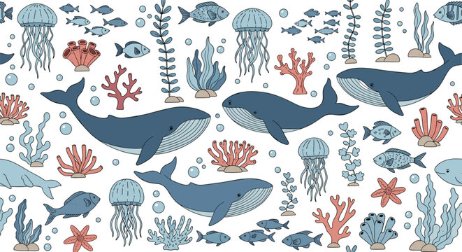 Detailed underwater seamless pattern featuring whales, jellyfish, schools of fish, and colorful coral reefs on a white background.