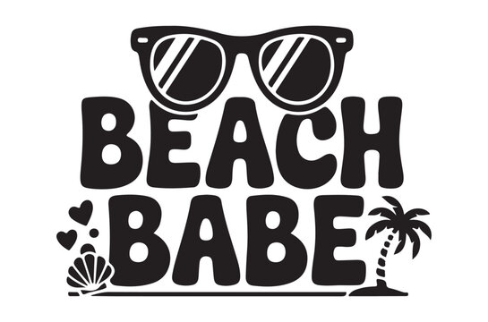 beach babe text with sunglasses and palm tree silhouette