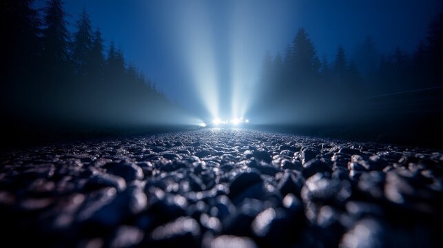 Nighttime forest gravel road illuminated by car headlights, low-angle view from stones on ground, dramatic cinematic atmosphere with fog and deep blue sky