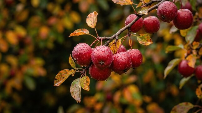 Crabapples on a tree branch with autumn leaves and raindrops