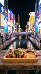 Fototapeta premium Traditional Japanese Takoyaki Street Food at Night Market