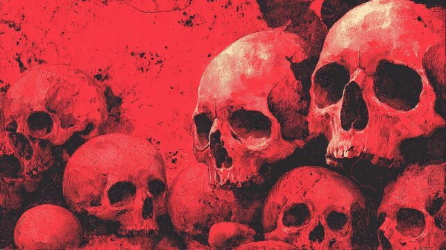 Dark grunge texture with hidden skulls and bones in red and black tones, creating a mysterious, edgy, and dramatic atmosphere with detailed layered elements