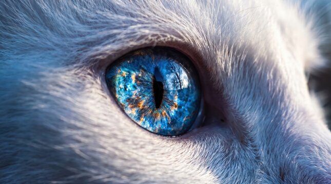 Extreme close up macro of a white cat eye with vibrant blue iris and vertical black pupil showing detailed fur texture and light reflections