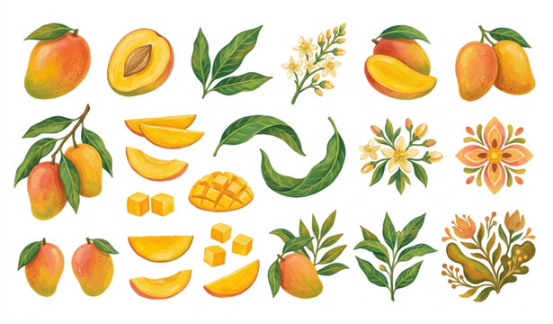 Decorative mango fruit and tropical flower gouache vector patterns isolated on white background