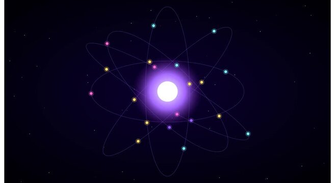 Animated atom model with orbiting electrons science animation