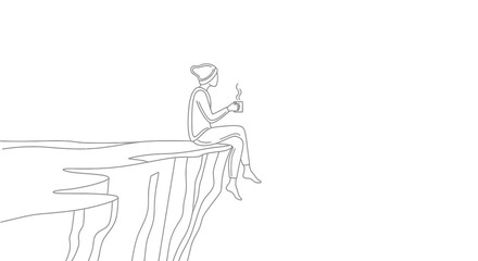 Obraz premium Woman sitting on cliff edge with coffee, enjoying serene view, minimalist line art