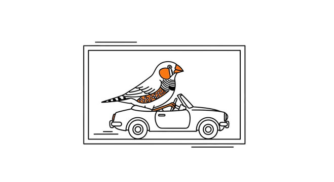 Zebra Finch Driving Convertible Car, Whimsical Animal Illustration, Fun Road Trip