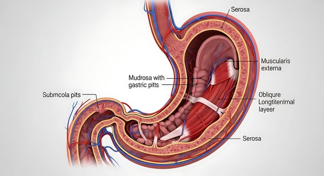Human stomach anatomy with labeled layers.