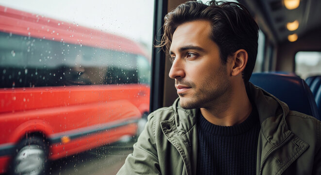 A young man looking out a train window during a commute, an evocative image perfect for journey and lifestyle concepts