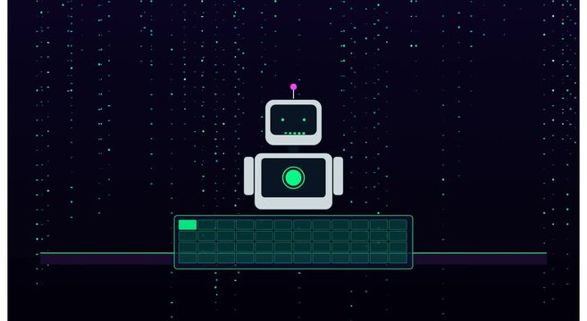 Cute robot typing on digital keyboard with matrix animation