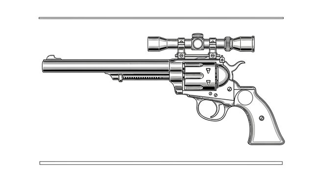 Vintage Revolver with Scope, Western Style Handgun, Classic Firearm Illustration