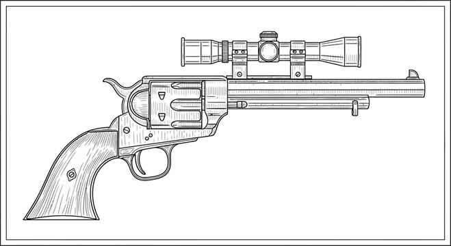 Vintage Revolver with Sniper Scope - Black and White Line Drawing