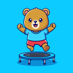 Obraz premium Cute cartoon bear jumping on a trampoline.