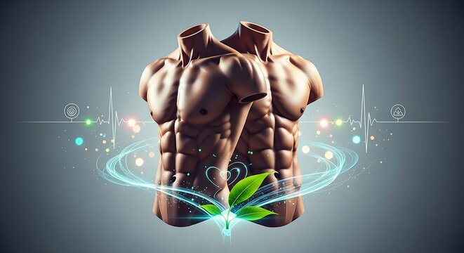 Muscular torso with glowing blue lines.
