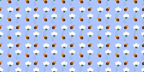 Fototapeta premium Repeating seamless design with adorable cartoon bees and white blossoms on a light blue background.
