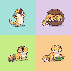 Obraz premium Cute Cartoon Leopard Geckos in Various Adorable Poses.