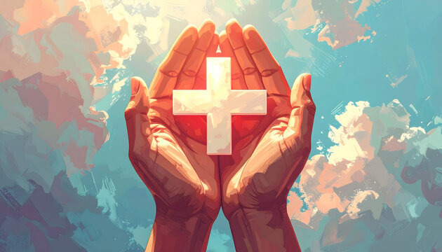 
A hand holding a 3d red swiss cross icon as a medical symbol for first aid and health emergency hospital care
