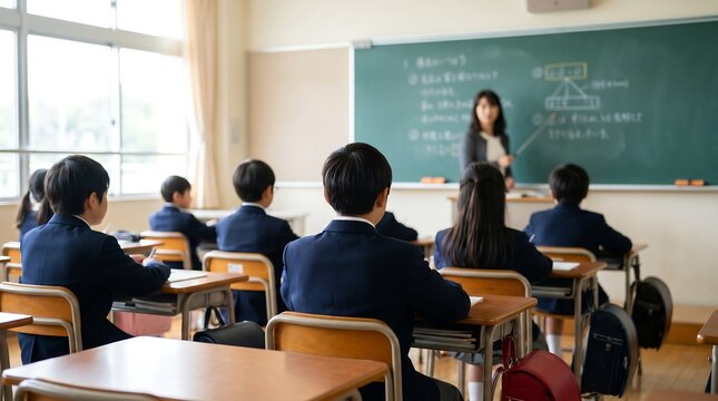 Students sitting at wooden desks in Japanese classroom looking at teacher standing by green chalkboard with handwritten lesson notes during school lecture with natural light