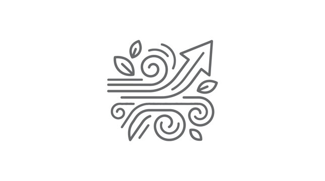 Upward arrow with wind and leaves representing ecological growth.