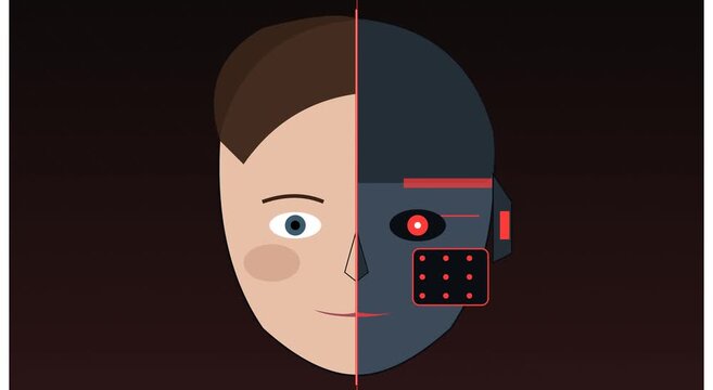 Human vs ai robot face split comparison concept animation