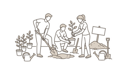 Group gardening and planting saplings line art. © ANISA
