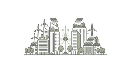 Obraz premium Modern sustainable city skyline with renewable energy infrastructure.