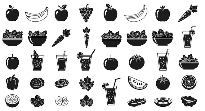 Fruits and vegetables appear as solid black silhouettes arranged in a grid pattern for culinary design.