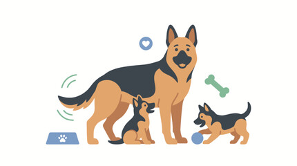 Naklejka premium German Shepherd Dog with Puppies and Pet Care Accessories Vector Illustration