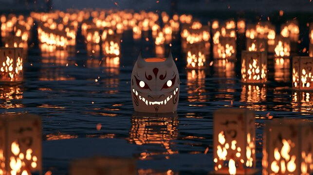 Glowing Kitsune Yokai Mask Lantern Floating Among Obon Lights on River