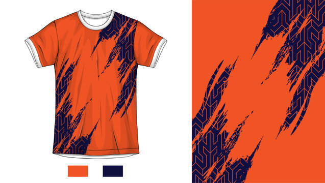 sport jersey design vector template featuring abstract geometric dark blue patterns on a bright orange background