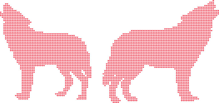 Two red wolf silhouettes made of hearts, side by side