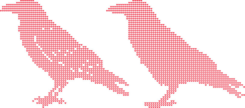 Two crows made of red hearts on white background