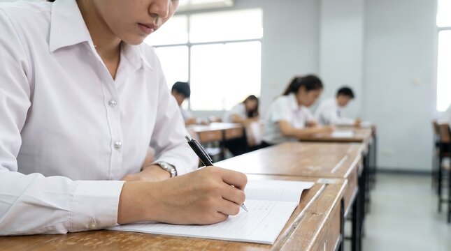 Female student in white shirt sitting at wooden desk in bright classroom writing on paper with black pen during academic exam with blurred classmates in background