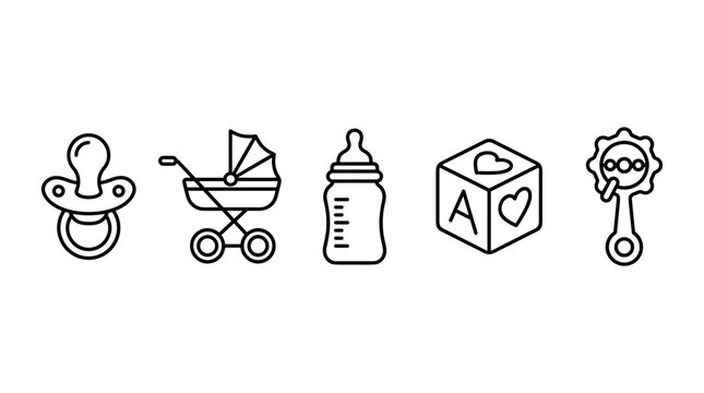 Baby items line art icons set featuring pacifier, stroller, bottle, block, and rattle, perfect for newborn care, childhood concepts, and infant accessories.