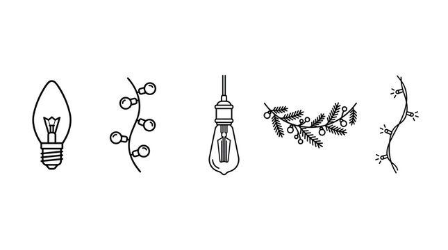 Outline icons of light bulbs, string lights, and Christmas decorations are beautifully rendered in a minimalist style, perfect for holiday designs.