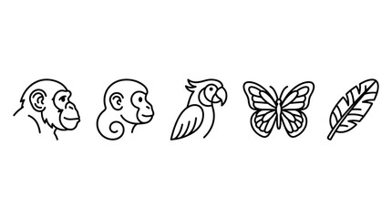 Naklejka premium Various animal and nature line art illustrations featuring a chimpanzee, monkey, parrot, butterfly, and feather in a minimalist style.