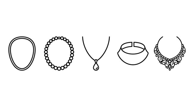 Various elegant necklaces jewelry accessories collection outline icons set depicting different styles from simple chains to ornate chokers and pearl strands.