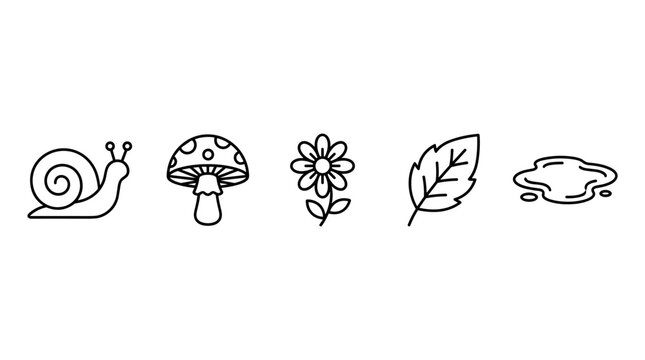 Snail mushroom flower leaf puddle icons collection in a simple black outline style, representing various elements of the natural world.