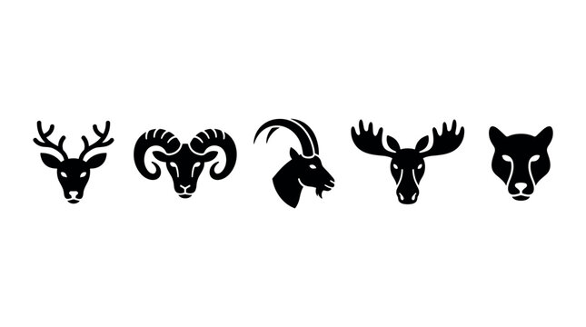Deer ram ibex moose feline animal head icons are depicted in a minimalist black silhouette style, representing wildlife and nature.