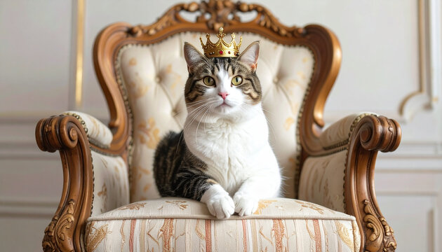 Cat wearing crown sitting on throne