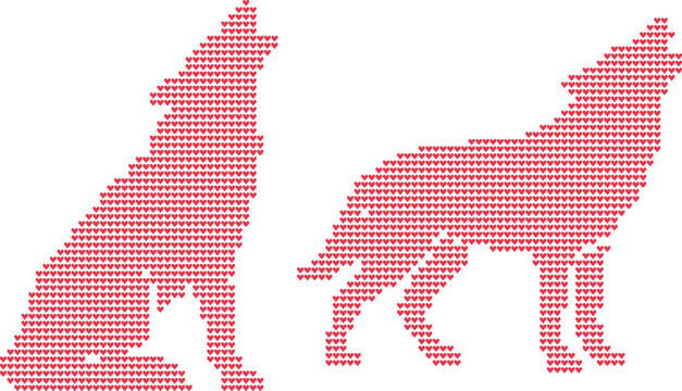 Two wolves in red heart pattern howl at moonlit sky