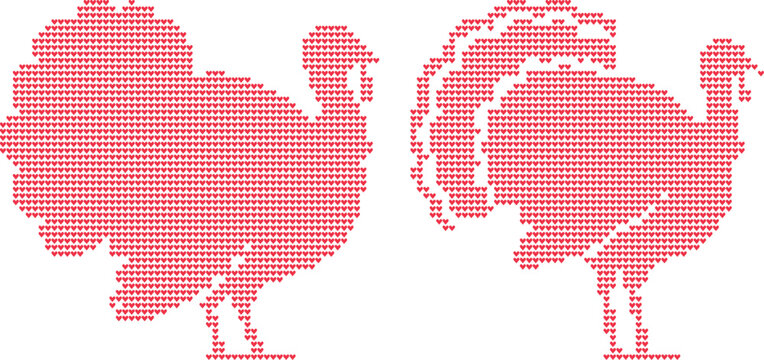 Two red heart pattern turkeys facing each other in silhouette