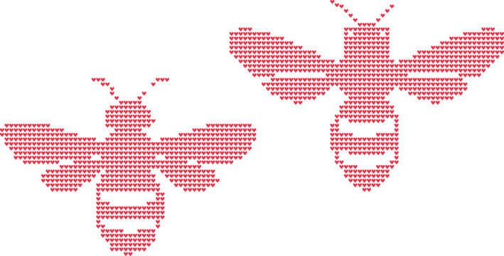 Two bees created with red heart pattern mosaic design