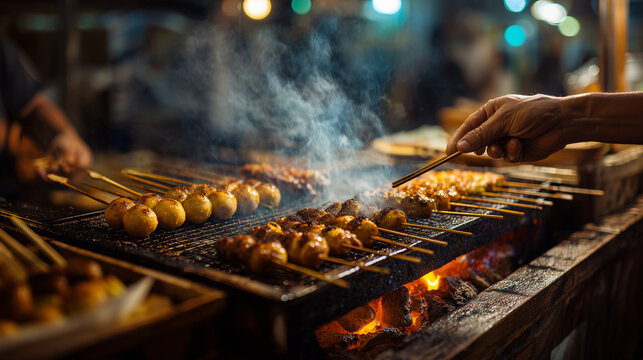 本格的な日本の夜市で熱々に焼ける食材をクローズアップで捉えた臨場感ある写真