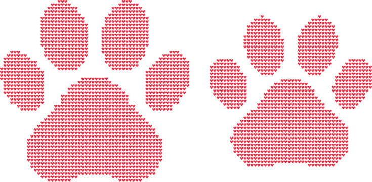 Two paw prints made of red heart pattern mosaic shapes